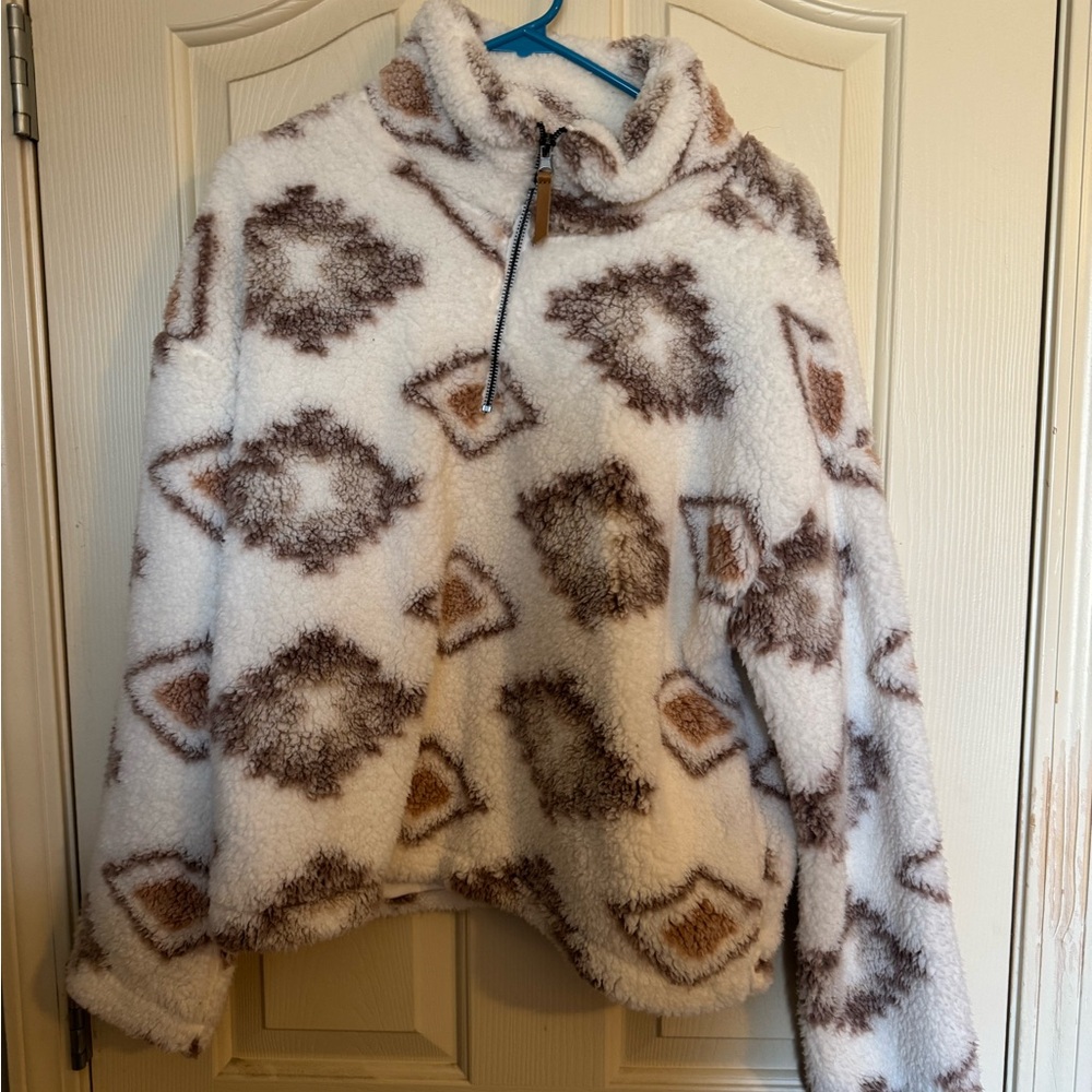 Cozy White Sherpa Pullover with Brown Geometric Print